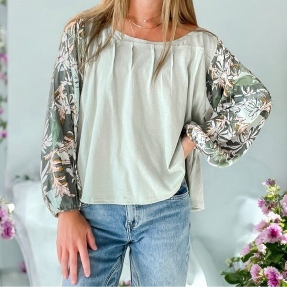 Free People Picking Petals Top Seafoam Green Contrast Sleeves Women's Size S
